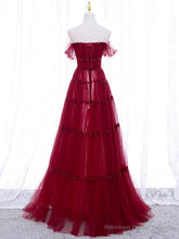 Burgundy Off Shoulder Long Prom Dress, Burgundy Formal Dress with Beading Sequin